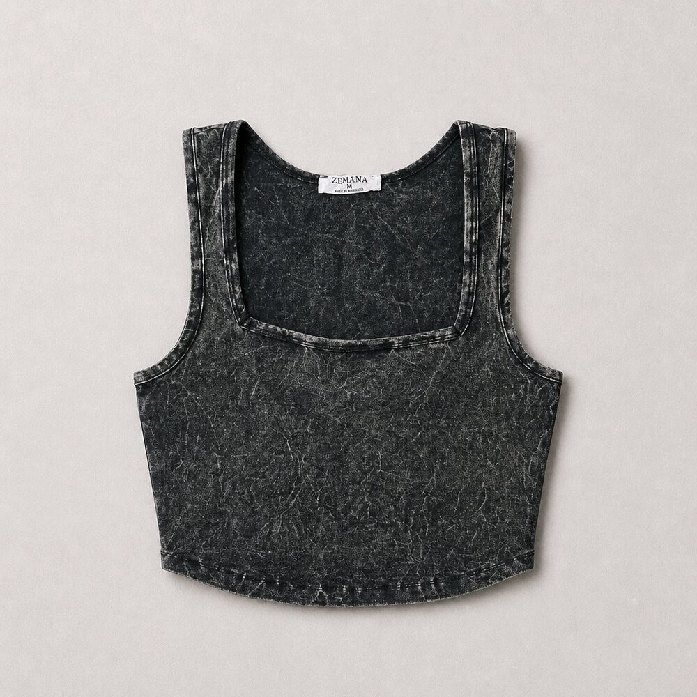 Zenana Acid Wash Cropped Tank Top Medium Black Square Neck
